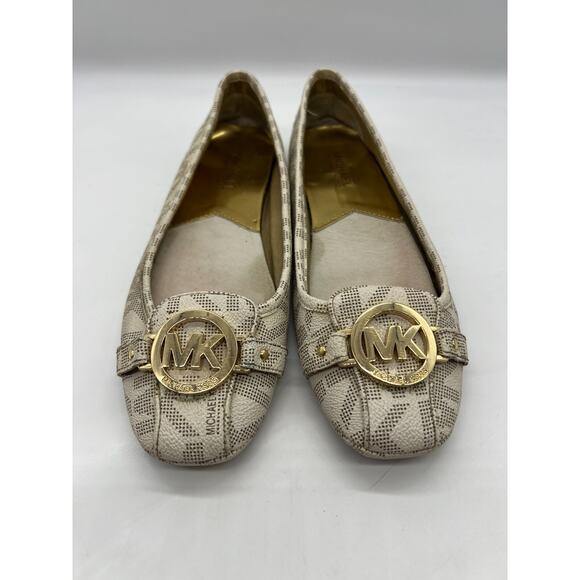 Michael Kors Women's MK Loafers Size 8.5 Cream Black Gold Slip On - Picture 1 of 9